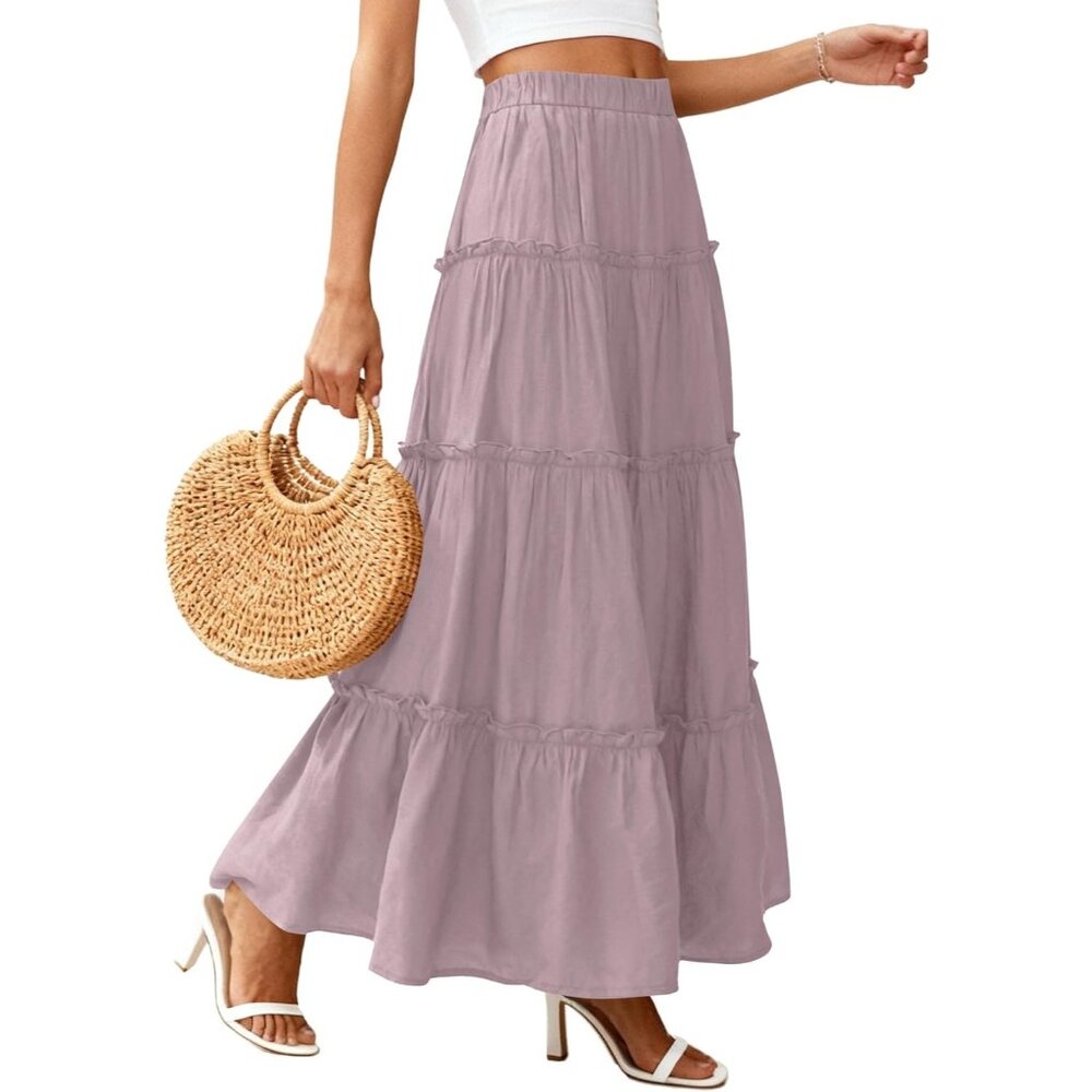 Women's Purple Boho Long Flowy A Line Tiered Beach Vacation Clothes Maxi Skirt - Picture 3 of 6